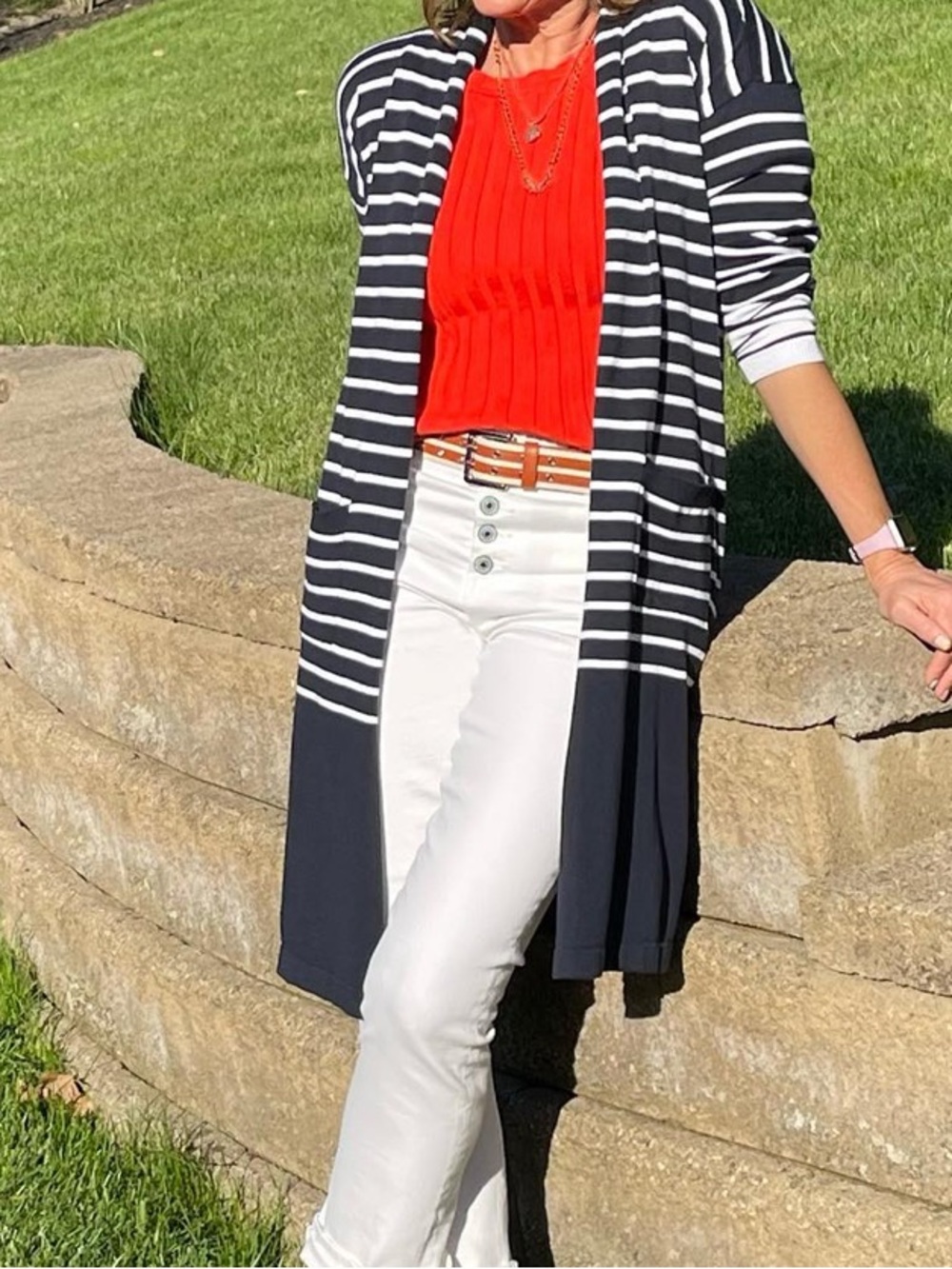 Cabi Boathouse Cardigan Striped Cotton Knit Sweater Duster Top New